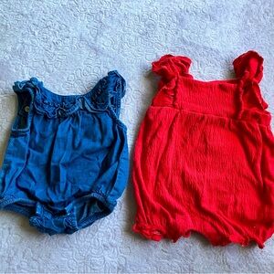 Baby Girl Romper Set - 2 Pieces (Denim + Coral) | Size NB | 100% Cotton